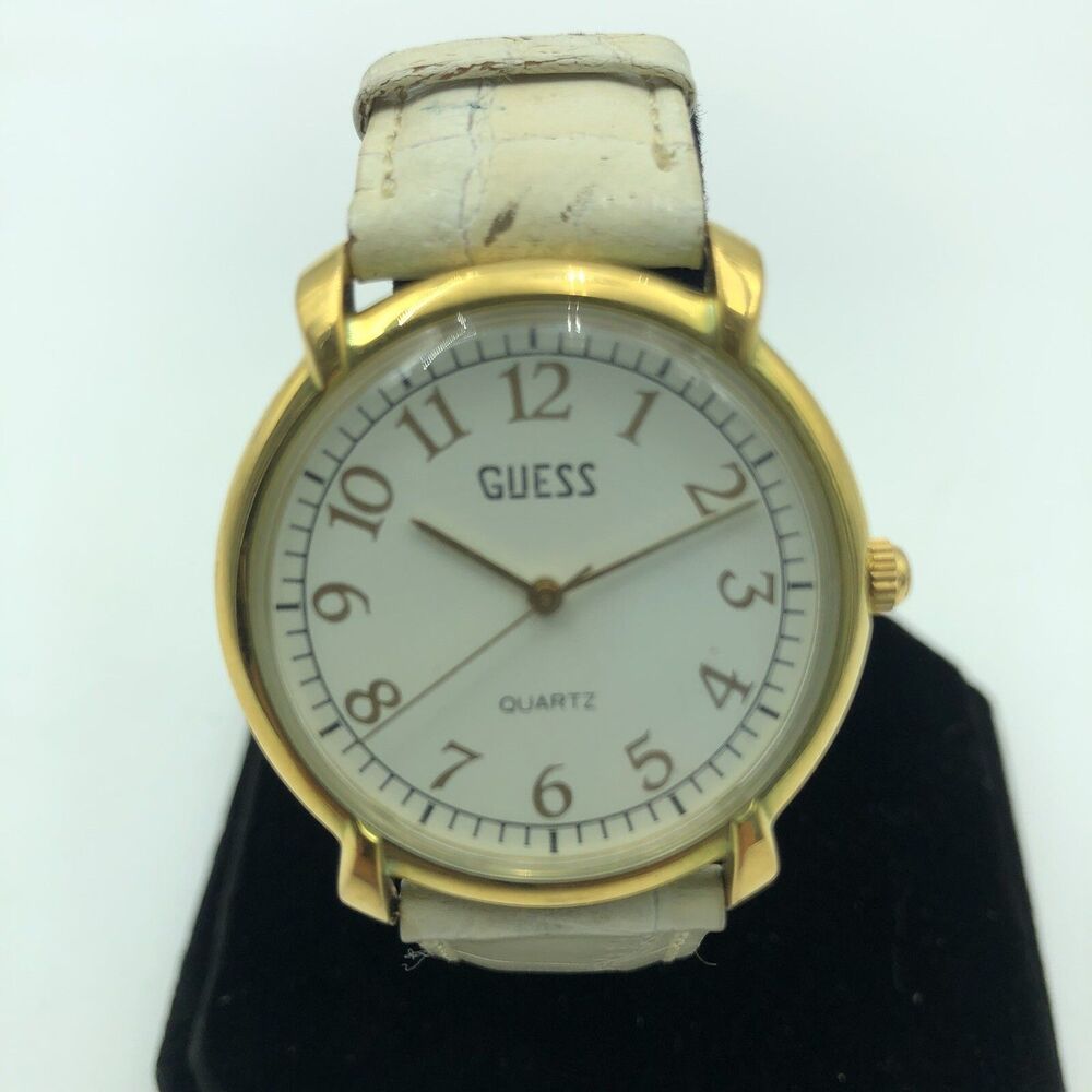 Vintage Guess Watch Women Gold Tone Round Leather Band New Battery 1997